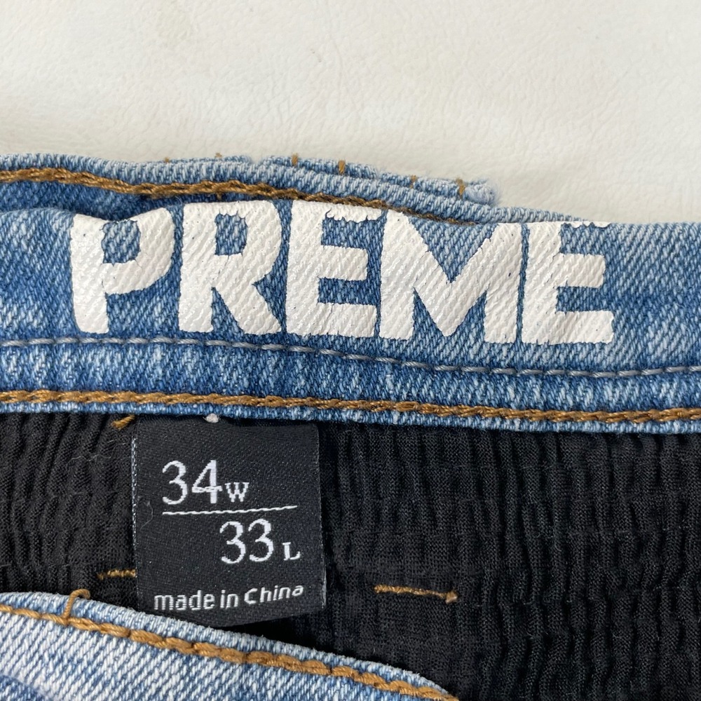 Preme Mens 34x32 Moto Biker Jeans Distressed Light Wash Side Stripe Slim Fit - Picture 8 of 10